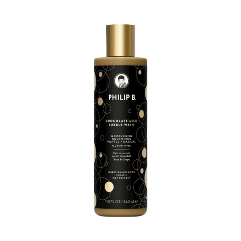 Philip B Bubble Wash - Botanical Chocolate in 340ml bottle with gold accents, ideal for moisturizing and cleansing all skin types.