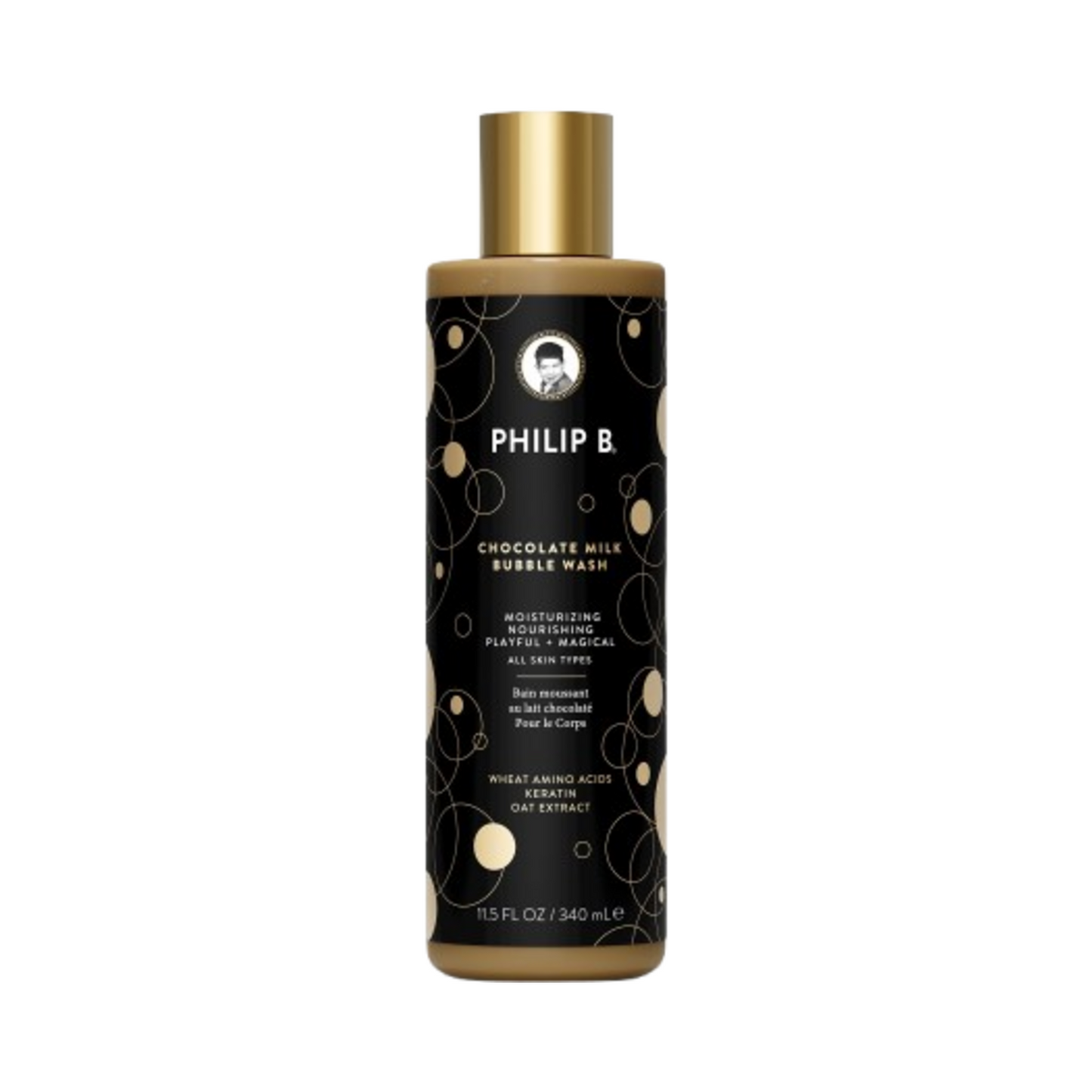 Philip B Bubble Wash - Botanical Chocolate in sleek black and gold packaging, formulated with keratin and oat extract for smooth skin.