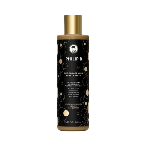 Philip B Bubble Wash - Botanical Chocolate in sleek black and gold packaging, formulated with keratin and oat extract for smooth skin.