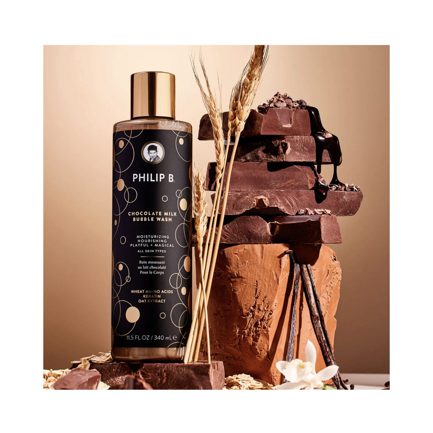 Philip B Botanical Chocolate Milk Bubble Wash with natural ingredients like chocolate, wheat, and vanilla for a spa-like bath ritual.