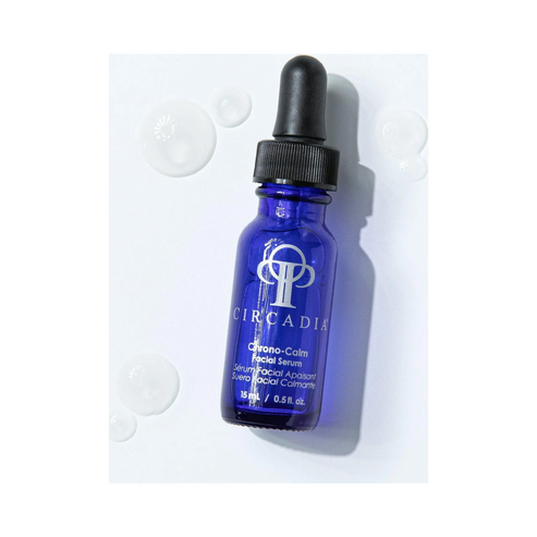 Circadia Chrono-Calm Serum 15ml with dropper, shown on a white background with serum drops, ideal for calming irritated skin and dilated capillaries.