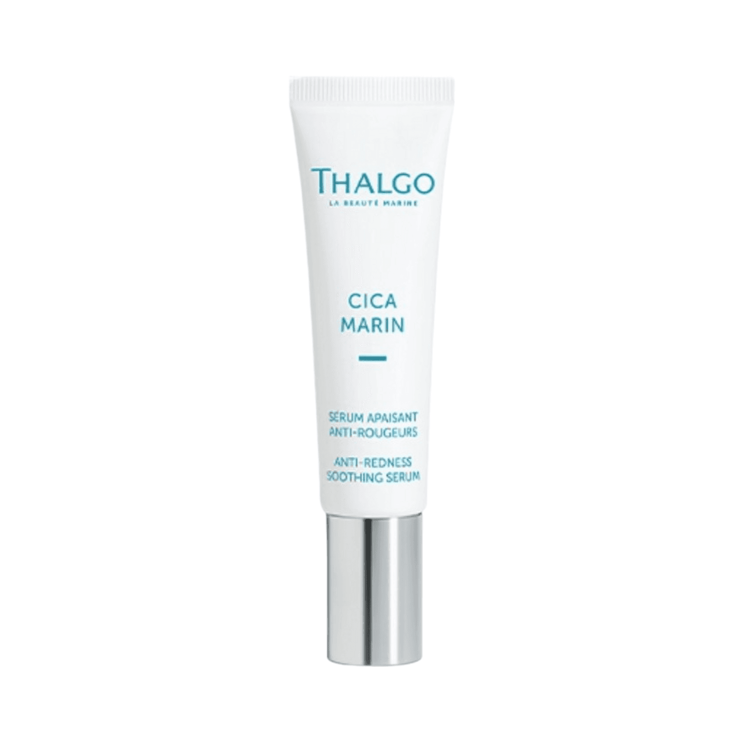 Thalgo Cica Marine Serum - Anti-Redness Soothing Serum in a sleek white tube with silver cap, ideal for calming facial redness and irritation.