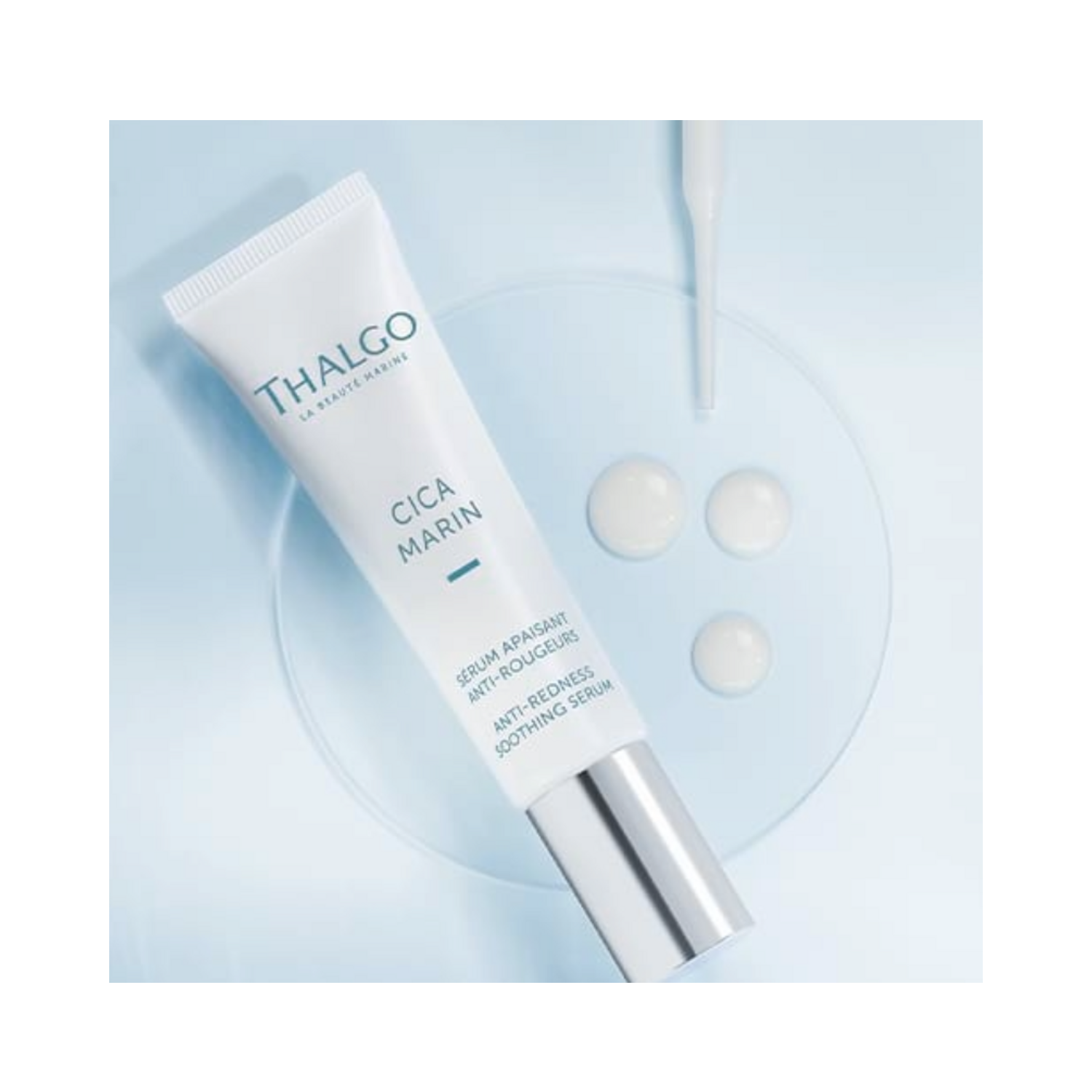 Thalgo Cica Marine Anti-Redness Serum with creamy texture shown beside dropper, emphasizing its calming formula for sensitive and red-prone skin.