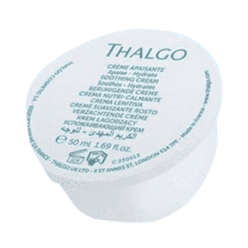 Thalgo Cica Marine Soothing Cream 50ml in white travel-size container. Hydrates, soothes, and protects sensitive or dry skin with marine prebiotics.