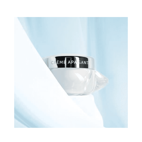 Thalgo Cica Marine Soothing Cream displayed against a soft blue background, emphasizing its marine-based formula for dry and red skin relief.