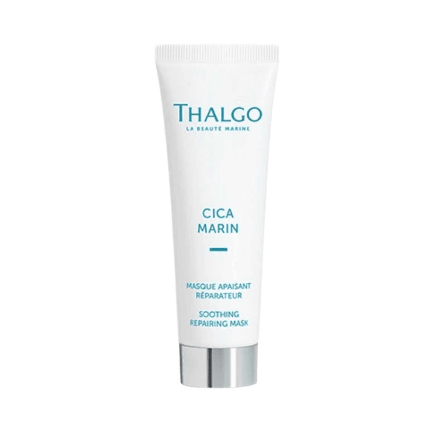 Thalgo Marine Soothing Repair Mask tube for sensitive skin, ideal for calming and repairing with marine prebiotics. Perfect for face and neck care.