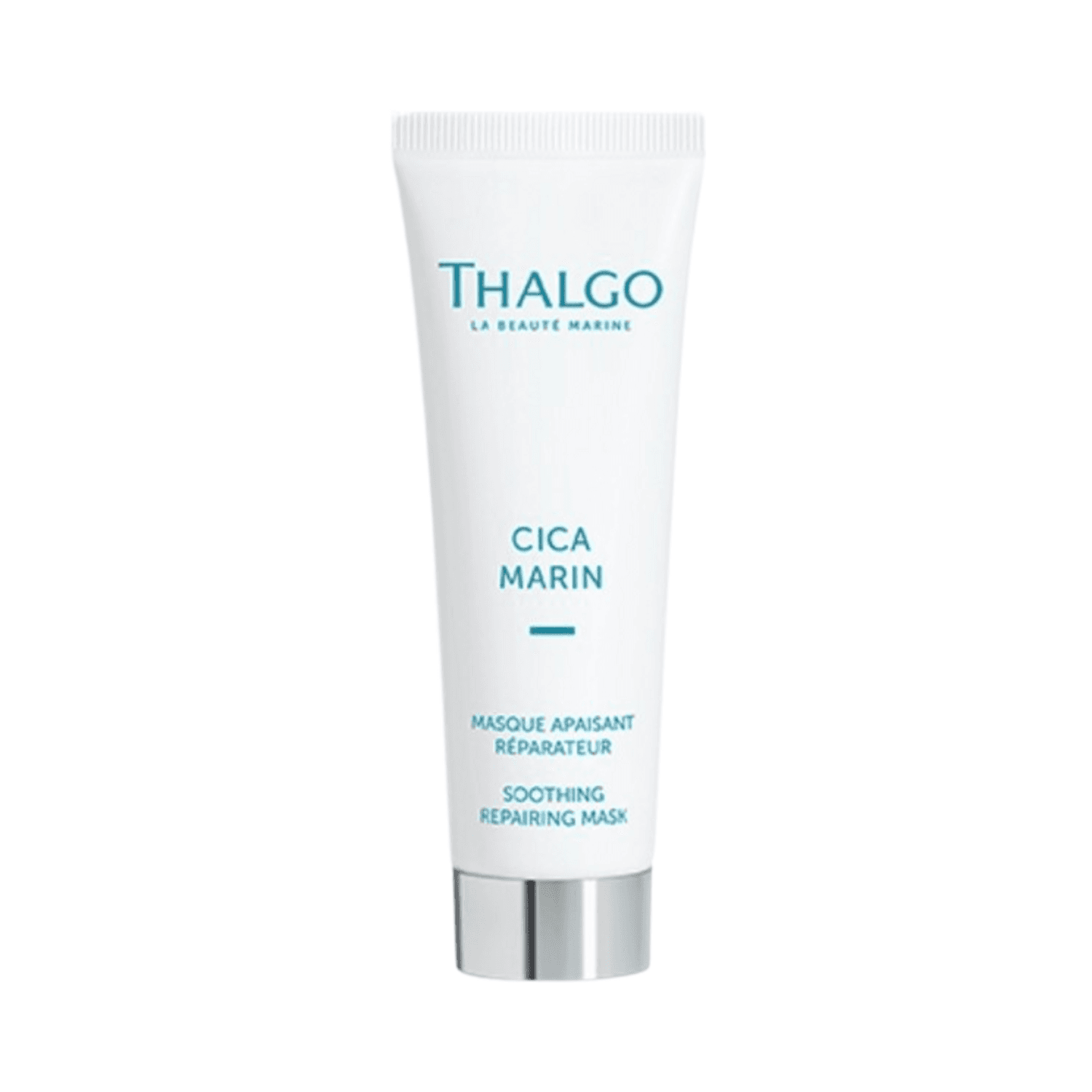 Thalgo Marine Soothing Repair Mask tube for sensitive skin, ideal for calming and repairing with marine prebiotics. Perfect for face and neck care.
