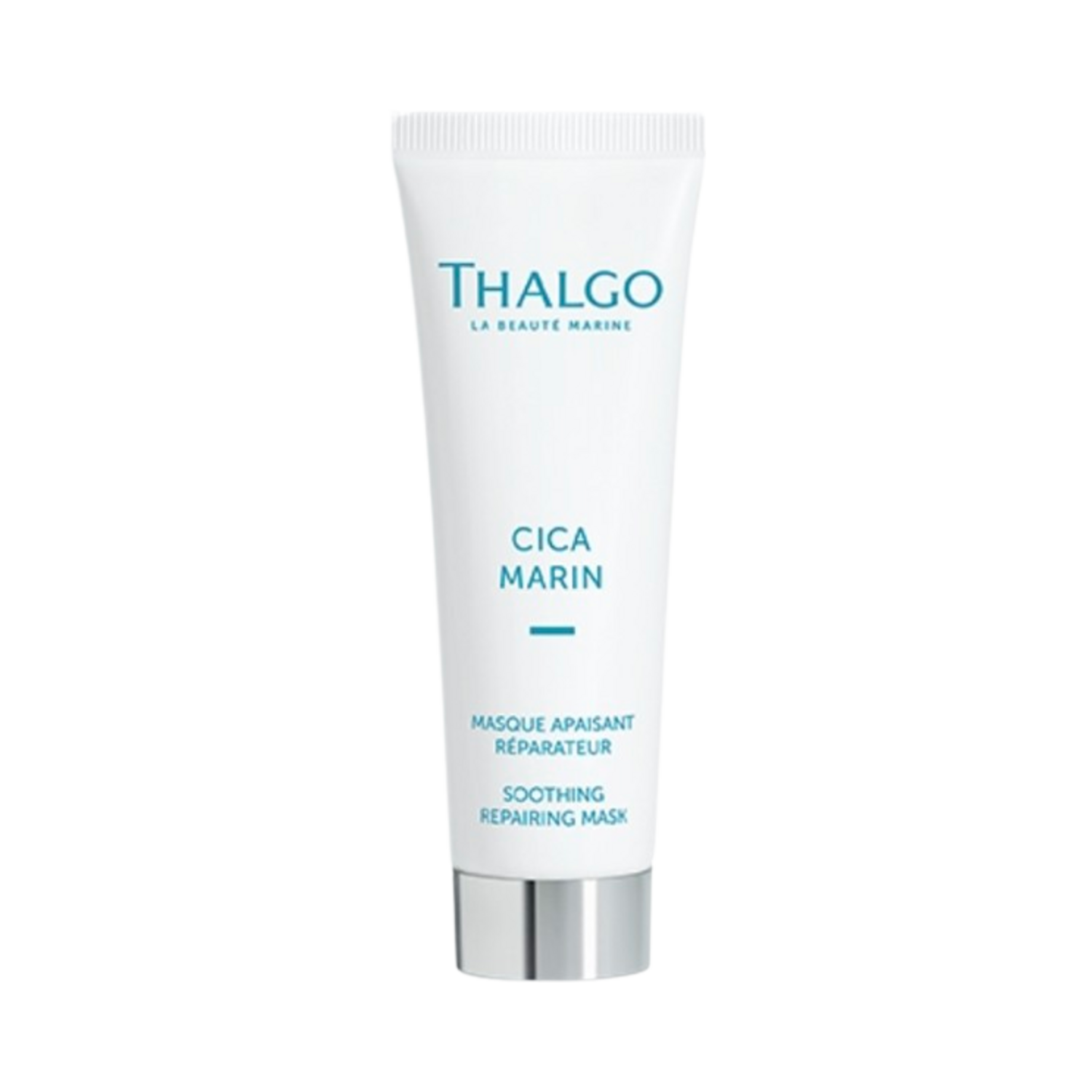 Thalgo Marine Soothing Repair Mask in a sleek white tube, designed to treat sensitive skin with marine-based ingredients for deep skin repair.