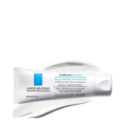 La Roche-Posay Cicaplast Balm B5 with cream texture shown, designed for dry skin relief and 48-hour hydration.