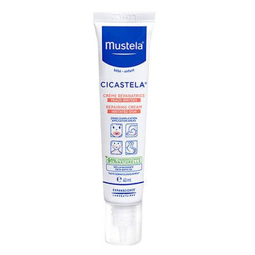 Mustela Cicastela Recovery Cream 40ml tube for baby skin care. Hydrates, soothes, and restores irritated skin with allantoin and hyaluronic acid.