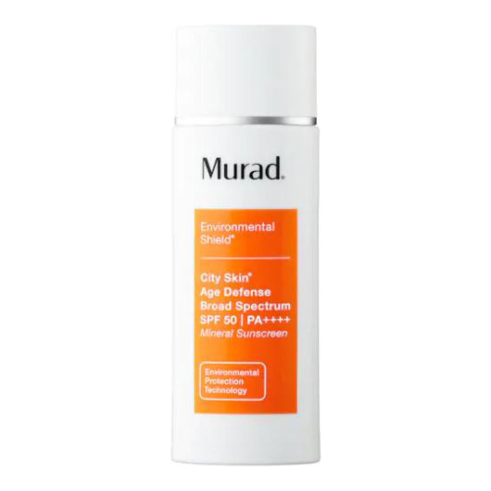 Murad City Skin Age Defense SPF 50 mineral sunscreen with PA++++ protection in a white and orange bottle. Ideal for face and neck sun protection.