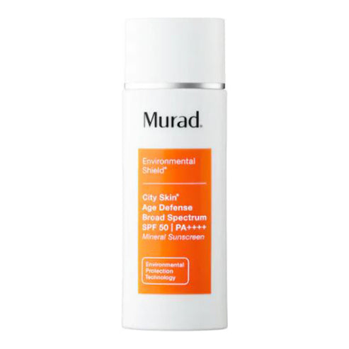 Murad City Skin Age Defense SPF 50 mineral sunscreen with PA++++ protection in a white and orange bottle. Ideal for face and neck sun protection.
