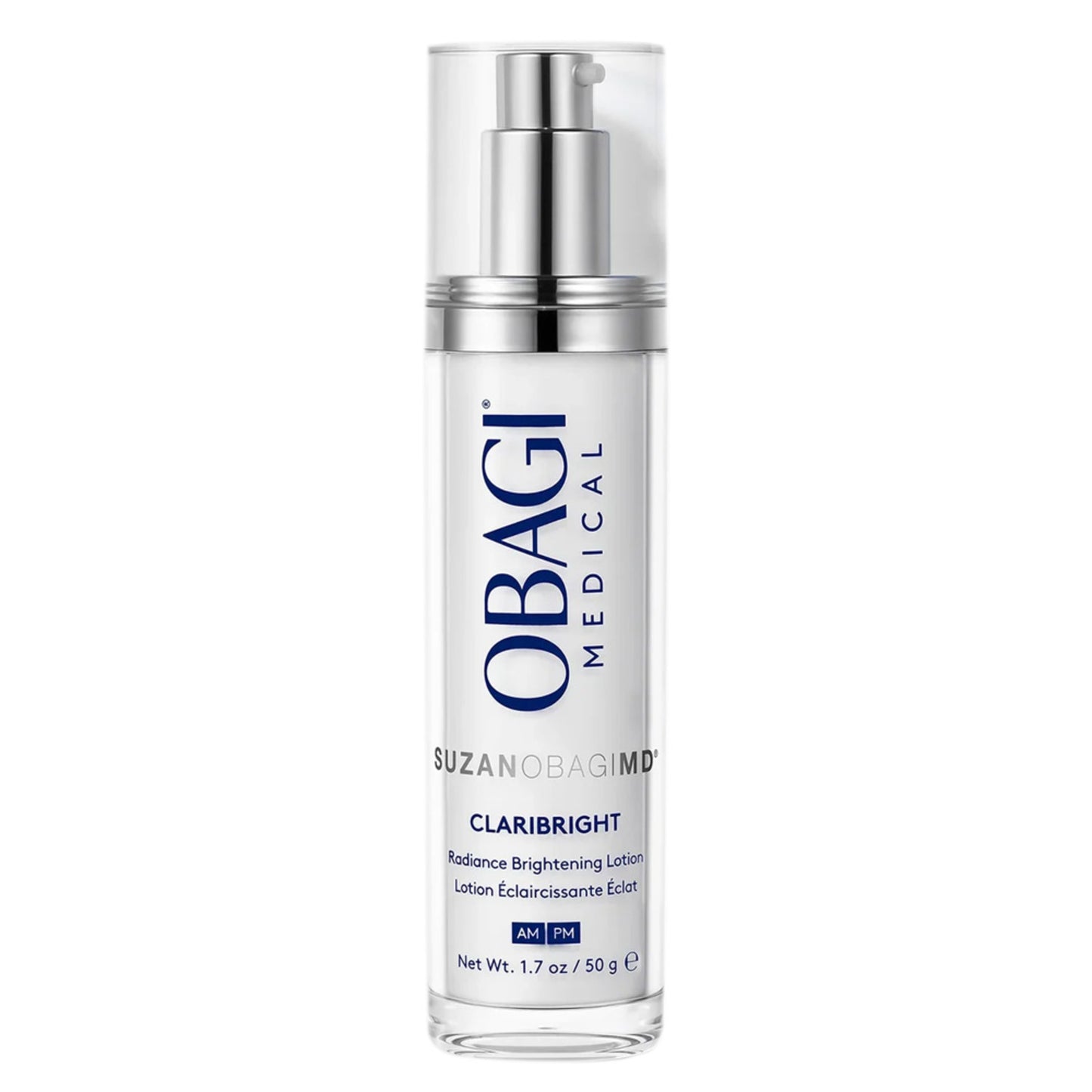 Obagi Claribright Radiance Brightening Lotion in 1.7 oz pump bottle. Enhances skin tone and radiance for daily AM and PM use.