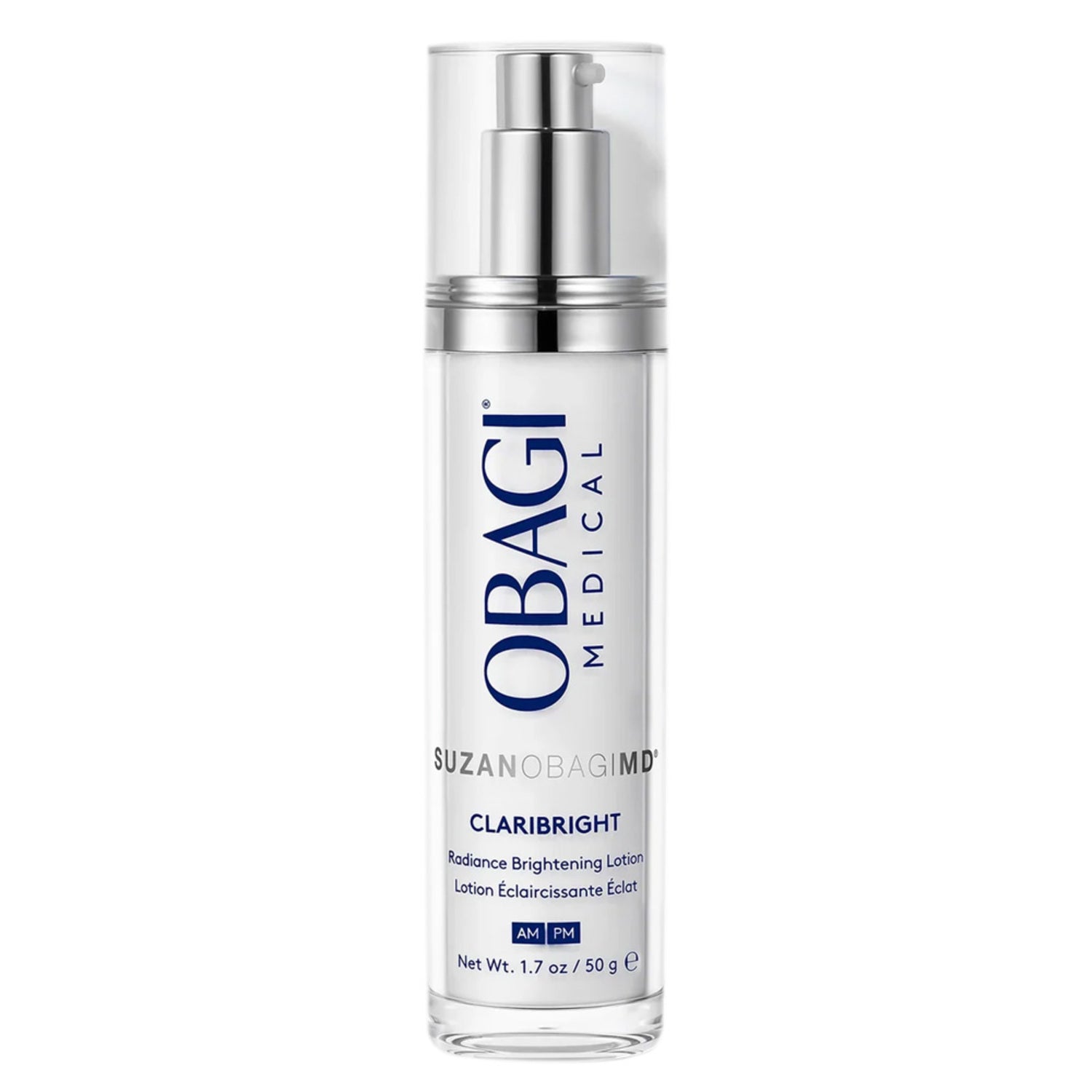 Obagi Claribright Radiance Brightening Lotion in 1.7 oz pump bottle. Enhances skin tone and radiance for daily AM and PM use.