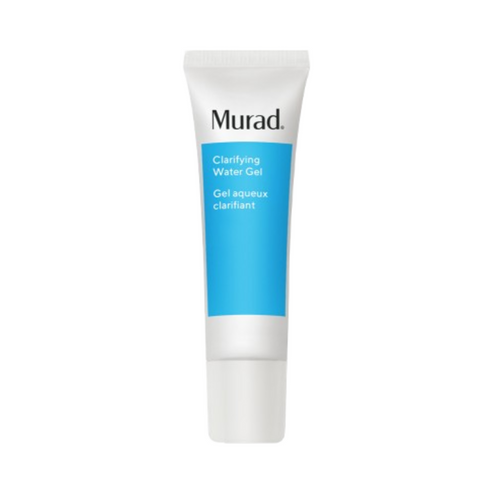 Front view of Murad Clarifying Water Gel in a sleek blue and white tube, designed for acne-prone and sensitive skin.