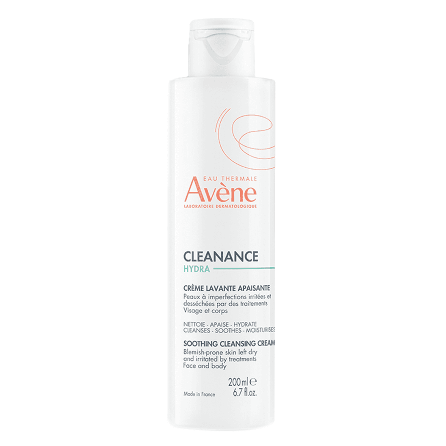 Avene Cleanance Hydra Soothing Cleansing Cream 200ml bottle for sensitive skin. Hydrating face wash cleanser with 98% natural ingredients.