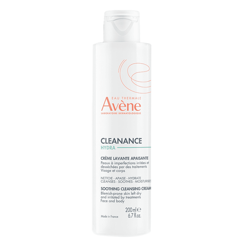 Avene Cleanance Hydra Soothing Cleansing Cream 200ml bottle for sensitive skin. Hydrating face wash cleanser with 98% natural ingredients.