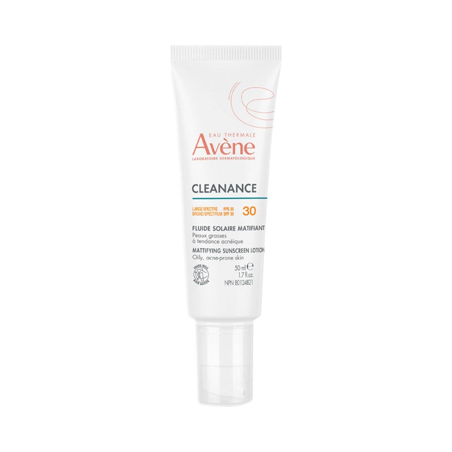 Avene Cleanance Sunscreen SPF 30 Mattifying Mineral Lotion for oily, acne-prone skin in a 50ml white tube with orange and blue text.