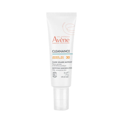 Avene Cleanance Sunscreen SPF 30 Mattifying Mineral Lotion for oily, acne-prone skin in a 50ml white tube with orange and blue text.