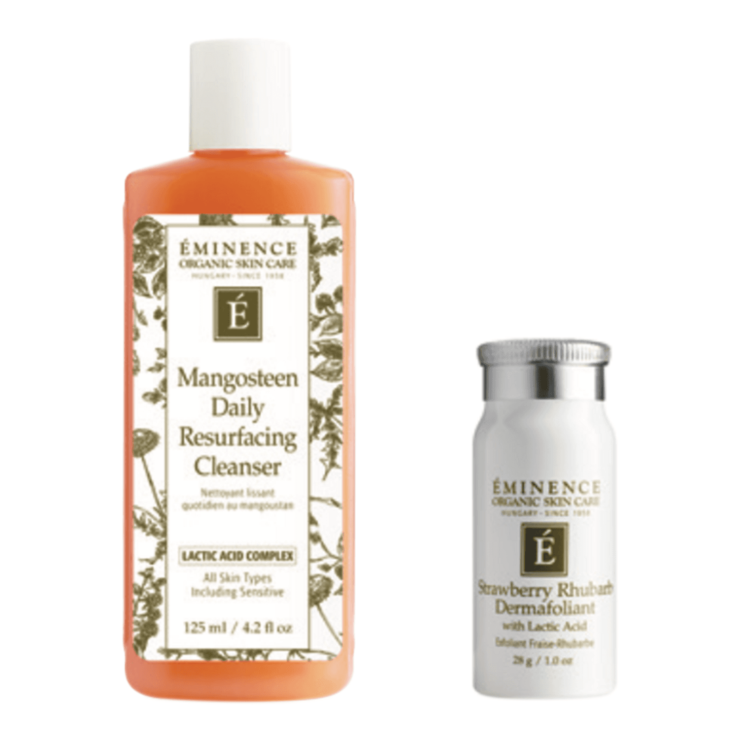 Eminence Glow Gift Set - Cleanse and Glow features Mangosteen Daily Resurfacing Cleanser and Strawberry Rhubarb Dermafoliant. Ideal for radiant skin.