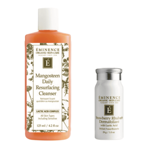 Eminence Glow Gift Set - Cleanse and Glow features Mangosteen Daily Resurfacing Cleanser and Strawberry Rhubarb Dermafoliant. Ideal for radiant skin.