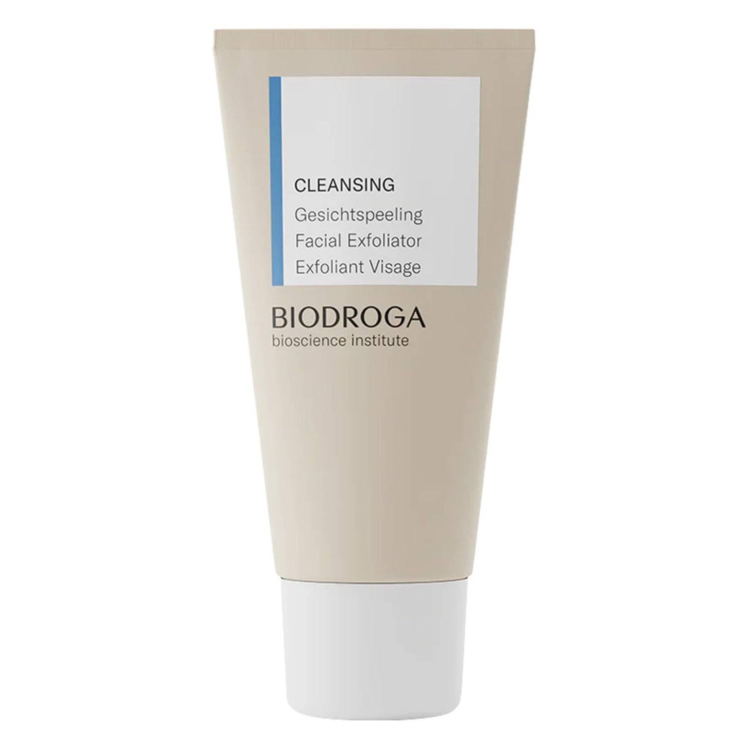 Biodroga Cleansing Facial Exfoliator in beige tube packaging with white cap, ideal for smooth skin and a fresh rosy glow in skincare routines.