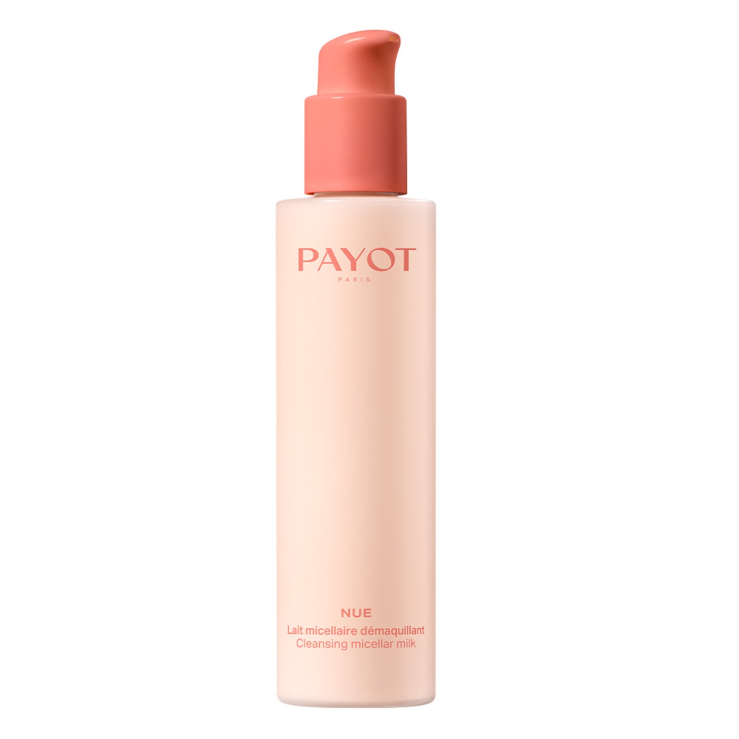 Payot Micellar Milk - Gentle Make-Up Removal in a soft pink bottle with coral pump, suitable for dry skin and daily cleansing.