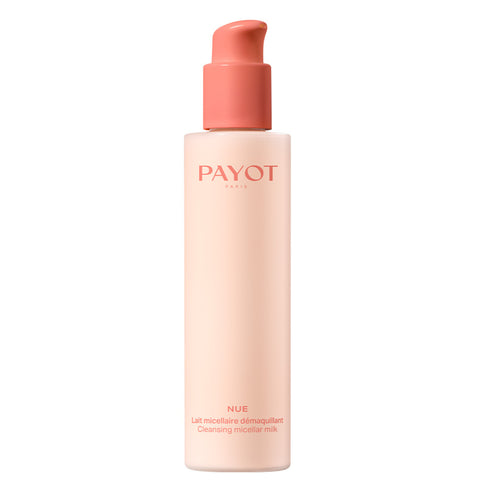 Payot Micellar Milk - Gentle Make-Up Removal in a soft pink bottle with coral pump, suitable for dry skin and daily cleansing.