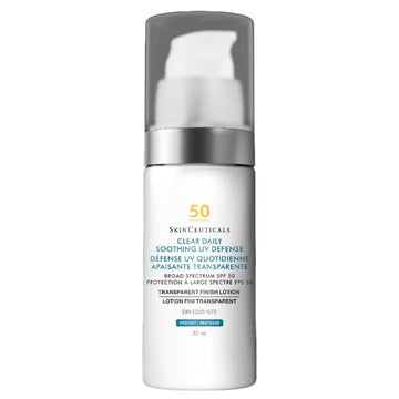SkinCeuticals Clear UV Defense SPF 50 Sunscreen in a 30ml pump bottle, offering broad spectrum protection and hydrating transparent finish.