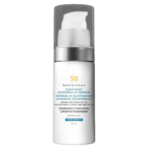 SkinCeuticals Clear UV Defense SPF 50 Sunscreen in a 30ml pump bottle, offering broad spectrum protection and hydrating transparent finish.