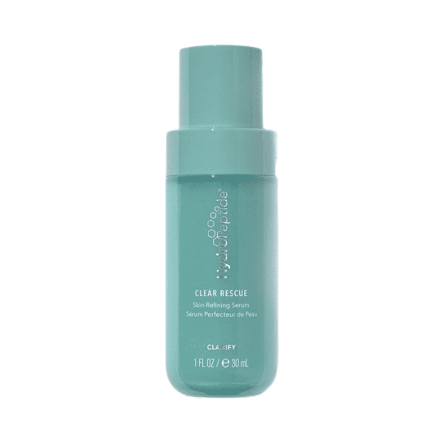 HydroPeptide Clear Rescue Serum in teal bottle, formulated with 0.5% salicylic acid to treat acne and refine skin texture.