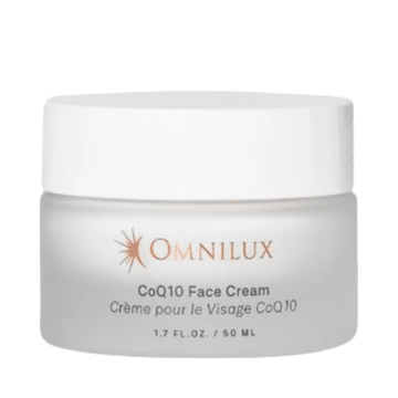 Omnilux CoQ10 Face Cream jar with white lid, designed for hydrating and enhancing LED therapy skincare routines.