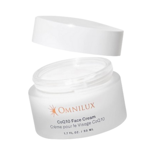 Omnilux CoQ10 Face Cream with lid lifted, featuring 50ml jar designed for hydrating and anti-aging skincare.