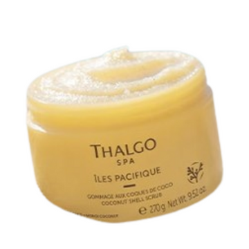 Open jar of Thalgo Coconut Shell Scrub with creamy texture, ideal for exfoliating dry skin. Buy Thalgo Coconut Shell Scrub at the lowest price online.