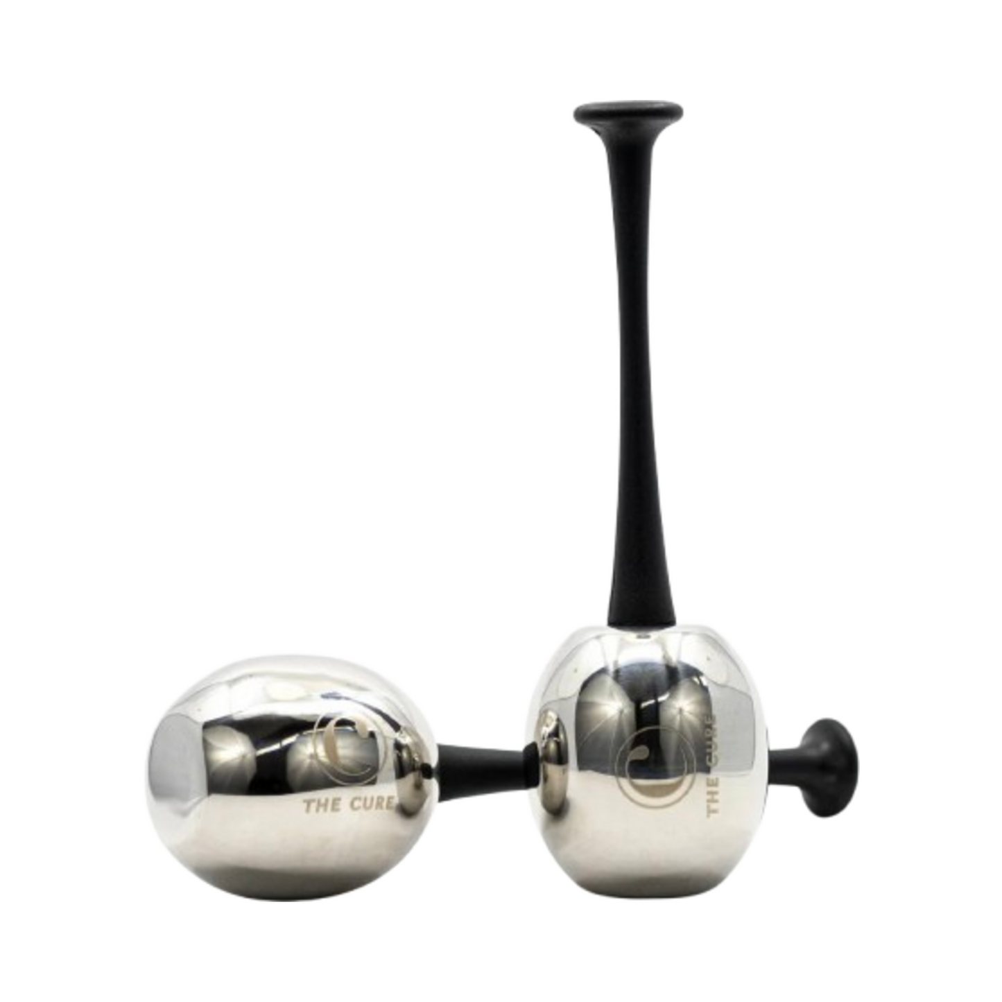 The Cure Skincare Cold Rollers with sleek stainless steel heads and black ergonomic handles for puffiness reducing skincare routines.