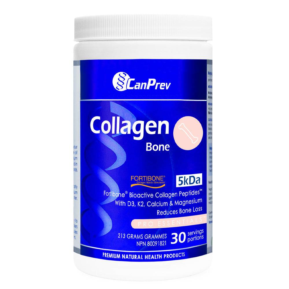 CanPrev Collagen Bone Powder - D3 formula with Fortibone peptides, calcium, magnesium, K2 for bone health support in 213g container.