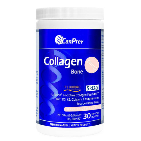 CanPrev Collagen Bone Powder - D3 formula with Fortibone peptides, calcium, magnesium, K2 for bone health support in 213g container.