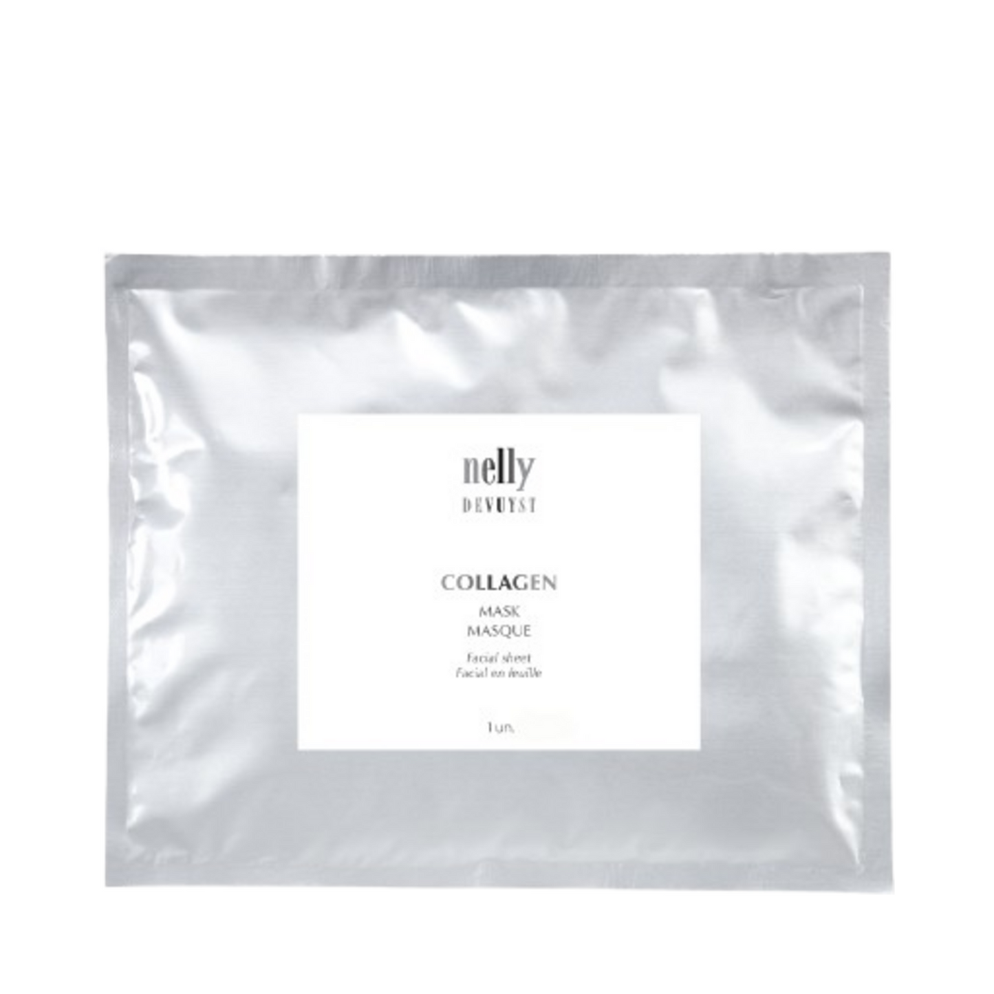 Nelly Devuyst Collagen Mask - Aging Skin Solution in sleek silver pouch, designed to enhance skin firmness and reduce dark spots.