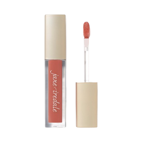 Jane Iredale Colorluxe Lip Glaze in a rich pink shade with a beige cap, designed for vibrant color and a glossy finish.