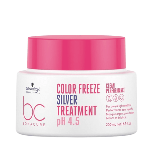 Schwarzkopf Bonacure Color Freeze Silver Treatment Hair Treatment with pH 4.5, ideal for maintaining cool tones in blonde or silver hair, 200 ml size.