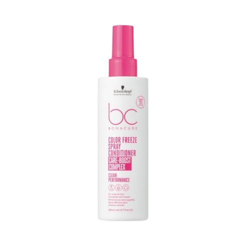 Schwarzkopf Bonacure Color Freeze Spray Conditioner with Care+ Boost Complex, designed for color protection and hair shine in a sleek pink and white bottle.