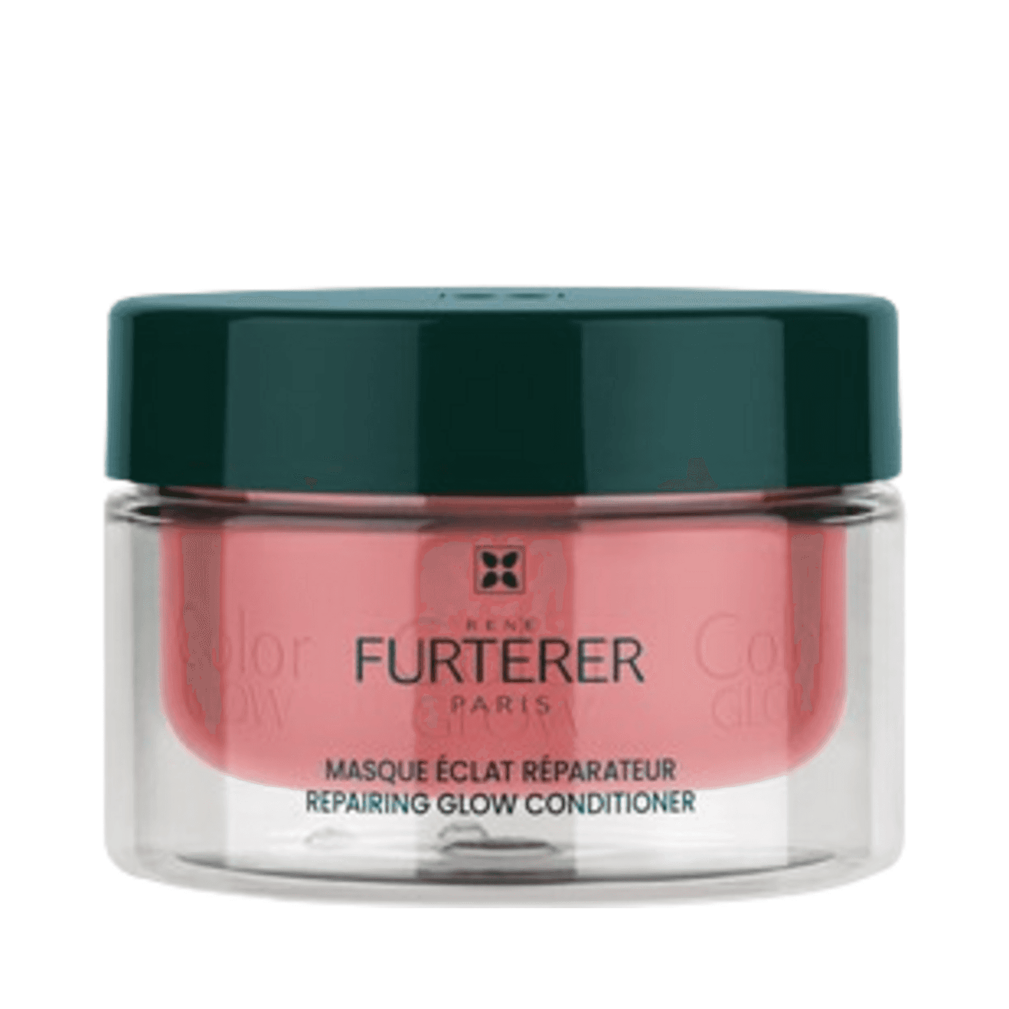Rene Furterer Color Glow Repairing Glow Conditioner in a clear jar with green lid. Enhances vibrancy and softness for color-treated hair.