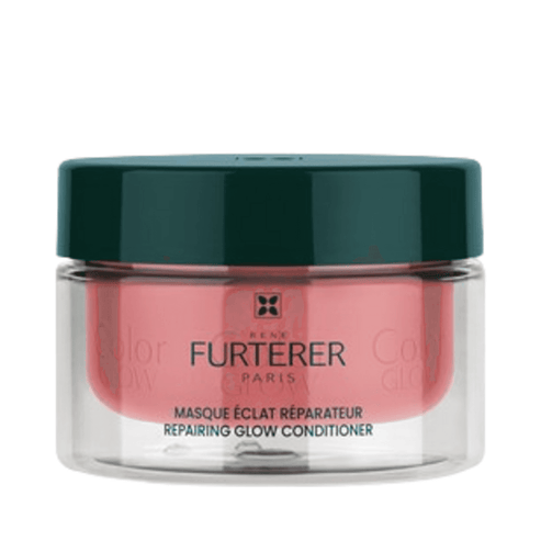 Rene Furterer Color Glow Repairing Glow Conditioner in a clear jar with green lid. Enhances vibrancy and softness for color-treated hair.