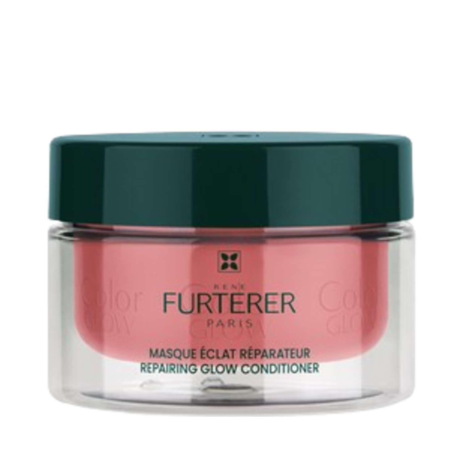 Color Glow Repair Conditioner by Rene Furterer for color-treated hair. Nourishing formula in a sleek pink and green container.