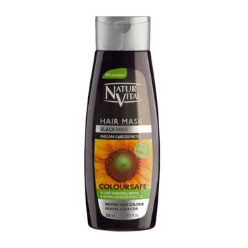 Natur Vital Black Hair Mask with plant keratin, henna, and sunflower extracts for color protection and shine. Vegan formula for black-toned hair.
