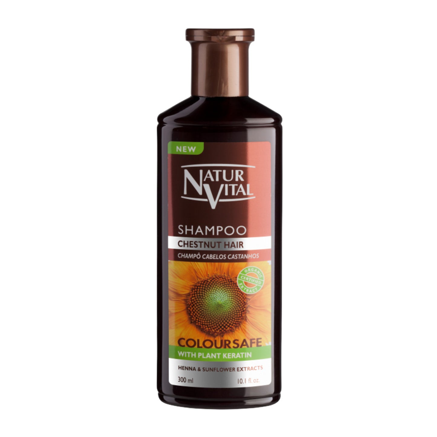 Vegan Natur Vital ColourSafe Chestnut Shampoo enriched with plant keratin, ideal for color-treated hair. Paraben-free and suitable for daily use.