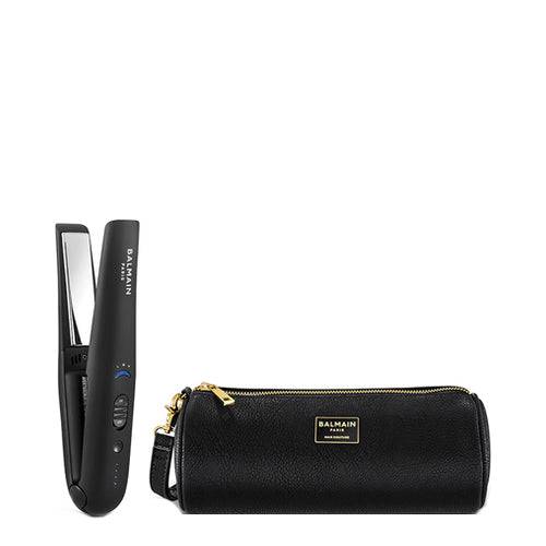 BALMAIN Paris Hair Couture sladdlös plattång i titan med svart resepåse, perfekt för snabb styling och slätt, glänsande hår på språng.