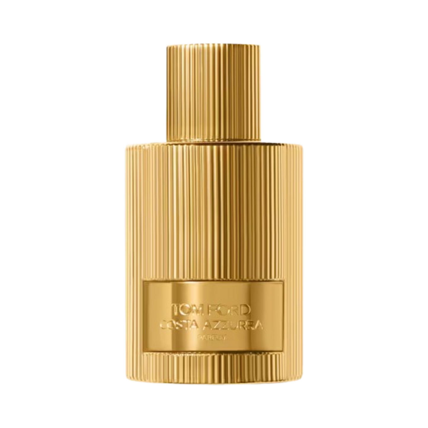 Elegant gold bottle of Tom Ford Costa Azzurra Parfum, a high-end men's fragrance featuring lemon notes. Ideal for luxury personal care routines.