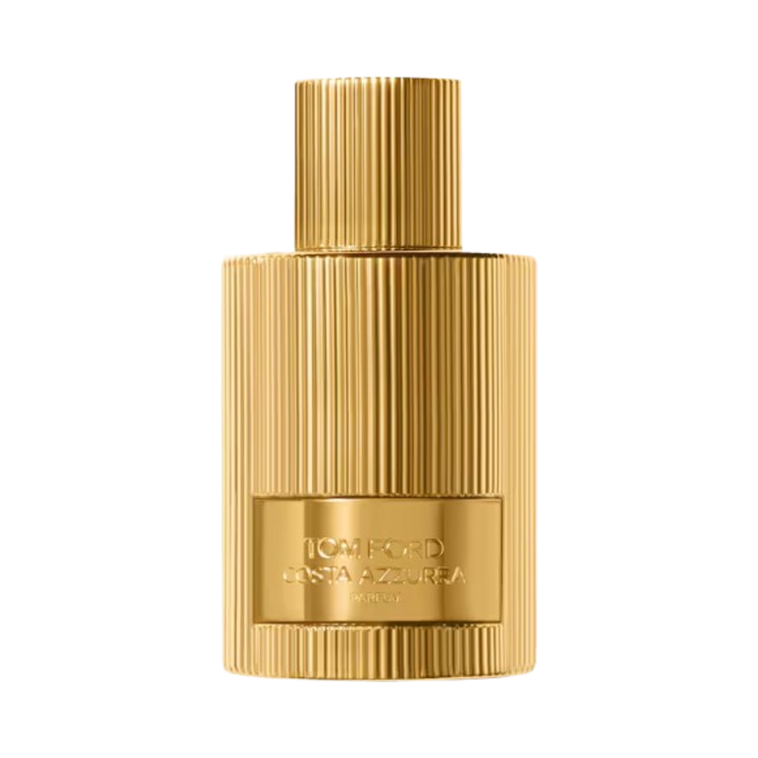 Elegant gold bottle of Tom Ford Costa Azzurra Parfum, a high-end men's fragrance featuring lemon notes. Ideal for luxury personal care routines.