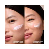 Side-by-side application of Fresh Creme Ancienne Original and Soft Cream on model’s cheek, showing product texture differences.